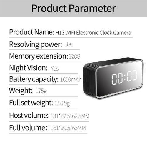 SAFETYNET H13 WiFi network Electronic clock camera 4K Ultra-HD 1080P Night vision mirror clock mini camera digital video recorder home security camera
