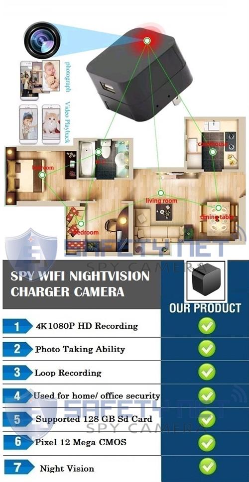 SAFETYNET Night Vision Hidden Spy Camera Wall Charger, WiFi Camera HD 1080P Remote View, Nanny Cam,USB Charger Camera with Motion Detection Loop Recording for Home and Office Security Surveillance