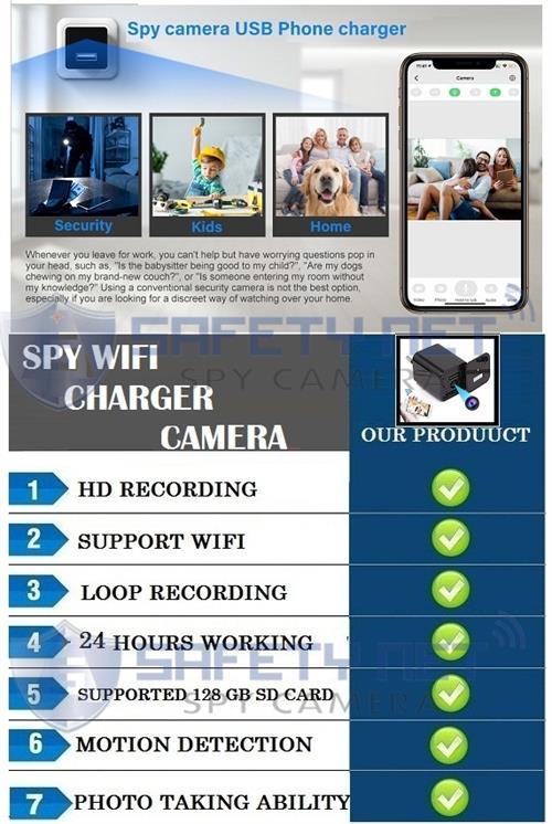 SAFEYNET Wi-fi Spy Hidden Charger Camera USB Wall Charger Adapter (V380 PRO APP)